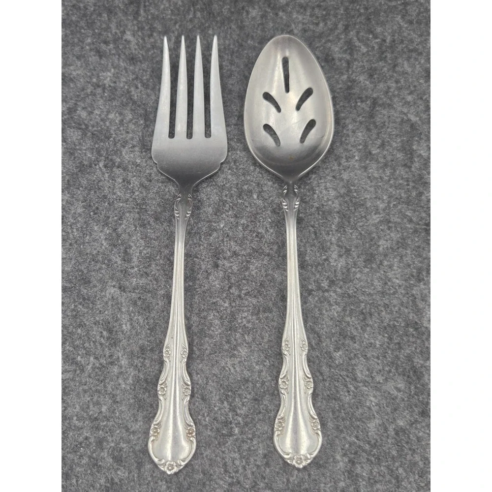 Lot of 2 Reed & Barton Serving Pieces Large Fork Slotted Spoon Stainless Japan